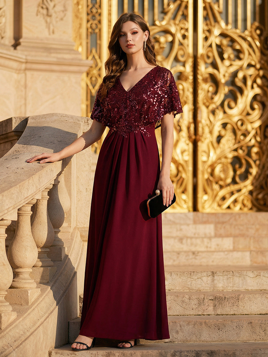 Robe longue sans manches en sequins style sirène décolleté en V #Couleur_Bordeaux