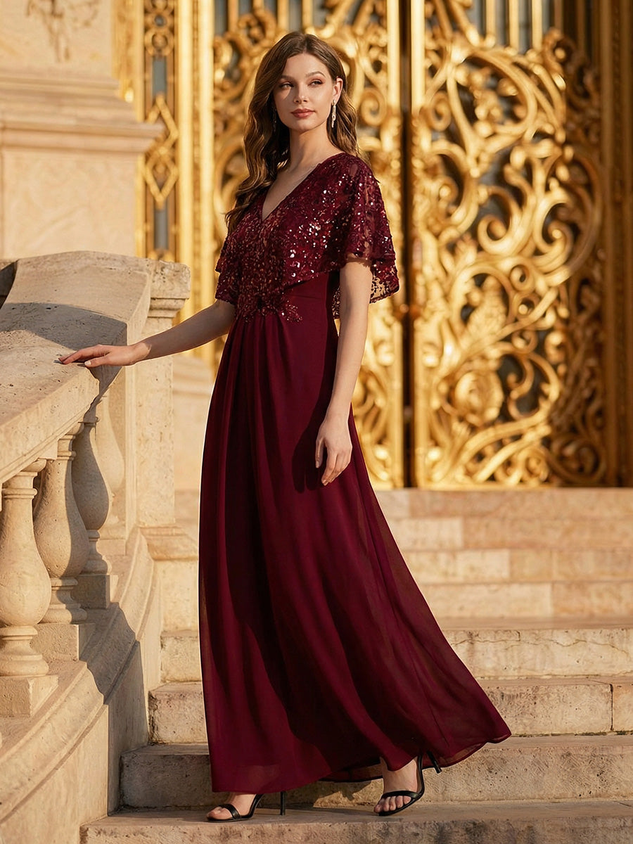 Robe longue sans manches en sequins style sirène décolleté en V #Couleur_Bordeaux