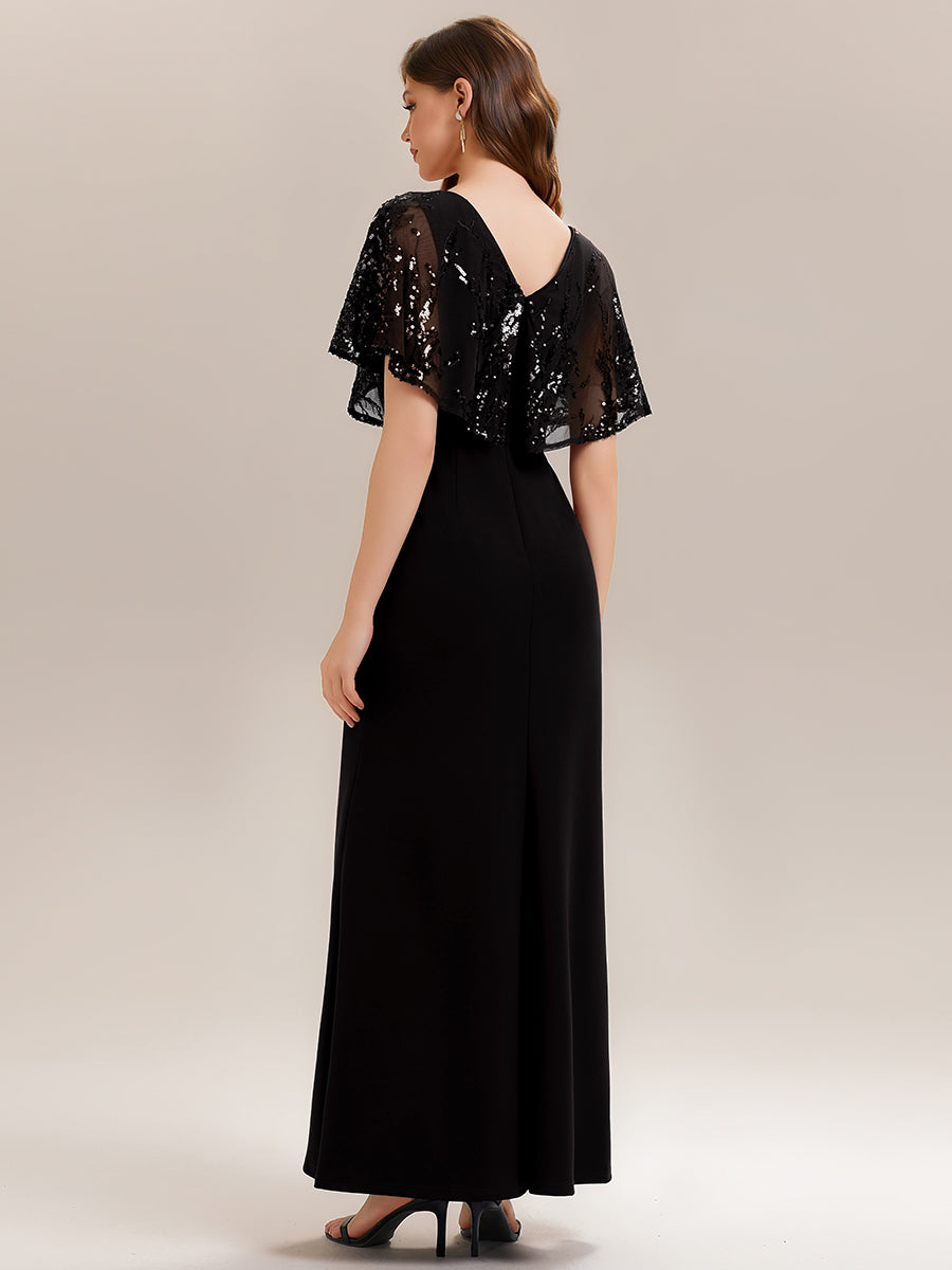 Robe longue sans manches en sequins style sirène décolleté en V #Couleur_Noir