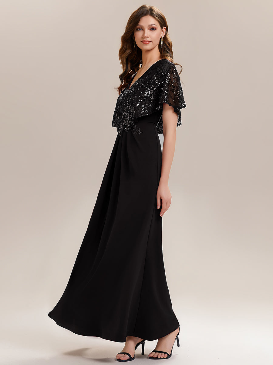 Robe longue sans manches en sequins style sirène décolleté en V #Couleur_Noir