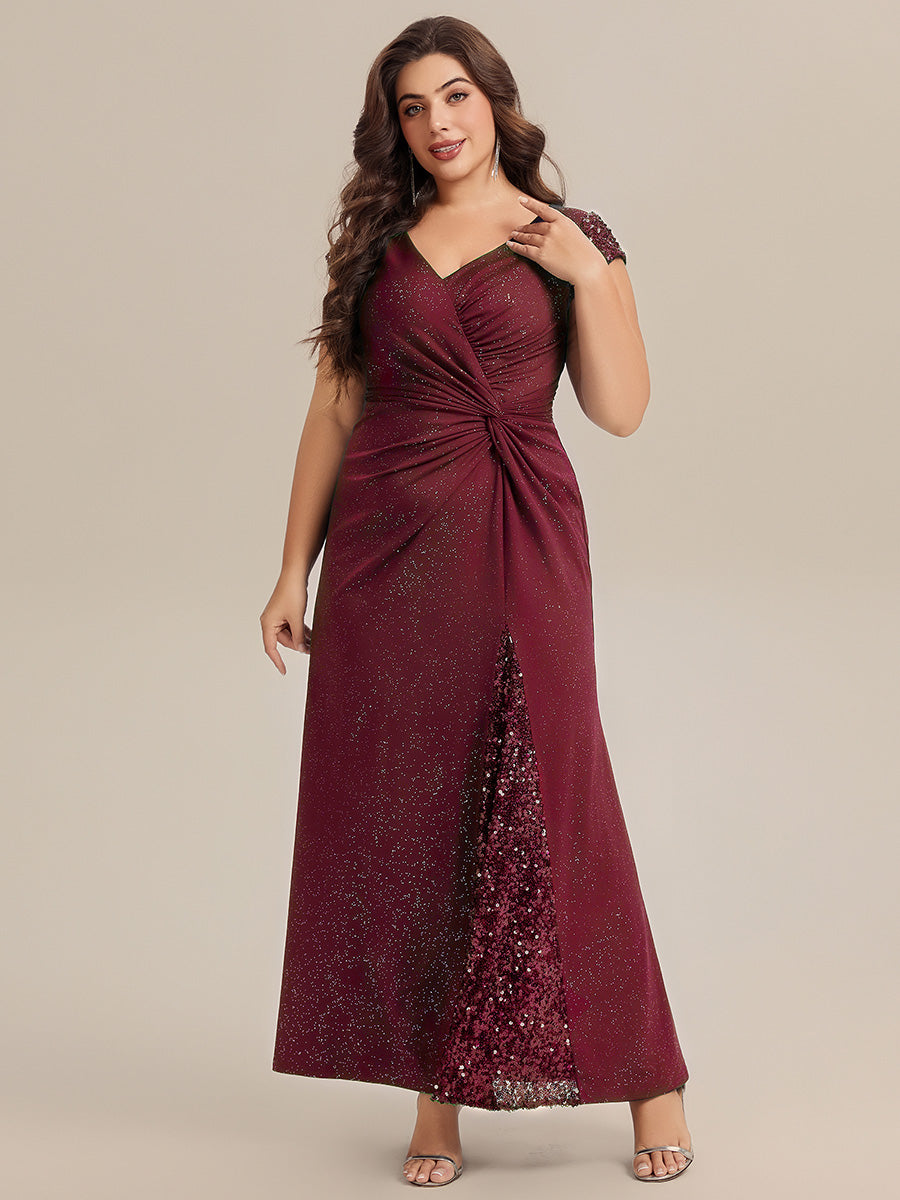 Robe moulante à manches courtes en stretch élevé avec décolleté en V noué et détails en sequins #Couleur_Bordeaux
