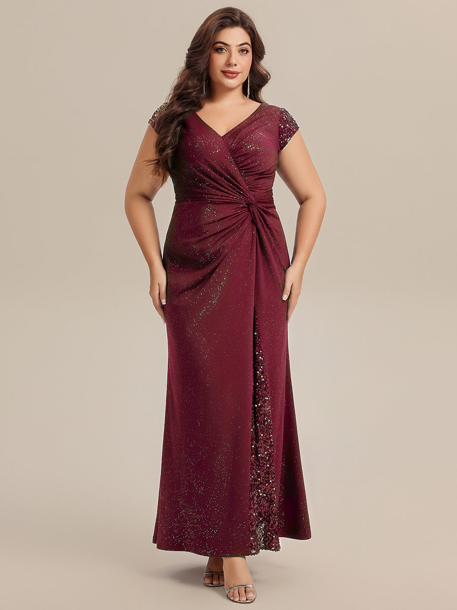Robe moulante à manches courtes en stretch élevé avec décolleté en V noué et détails en sequins #Couleur_Bordeaux