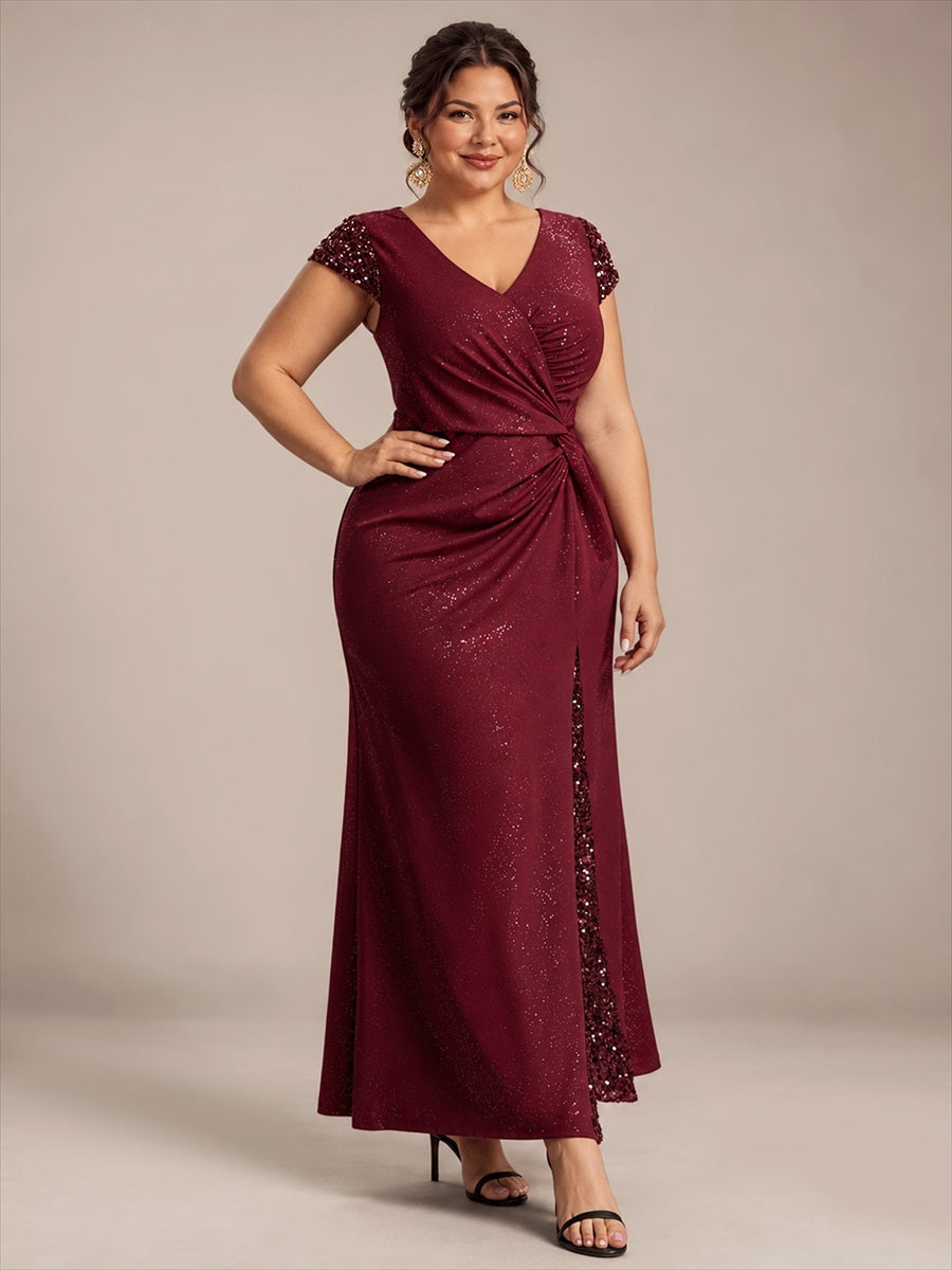 Robe moulante à manches courtes en stretch élevé avec décolleté en V noué et détails en sequins #Couleur_Bordeaux