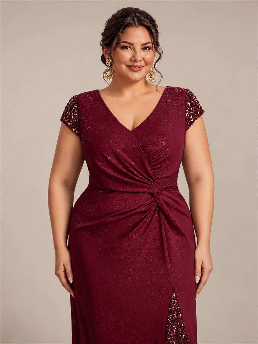 Robe moulante à manches courtes en stretch élevé avec décolleté en V noué et détails en sequins #Couleur_Bordeaux