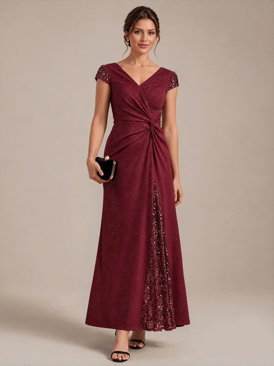 Robe moulante à manches courtes en stretch élevé avec décolleté en V noué et détails en sequins #Couleur_Bordeaux