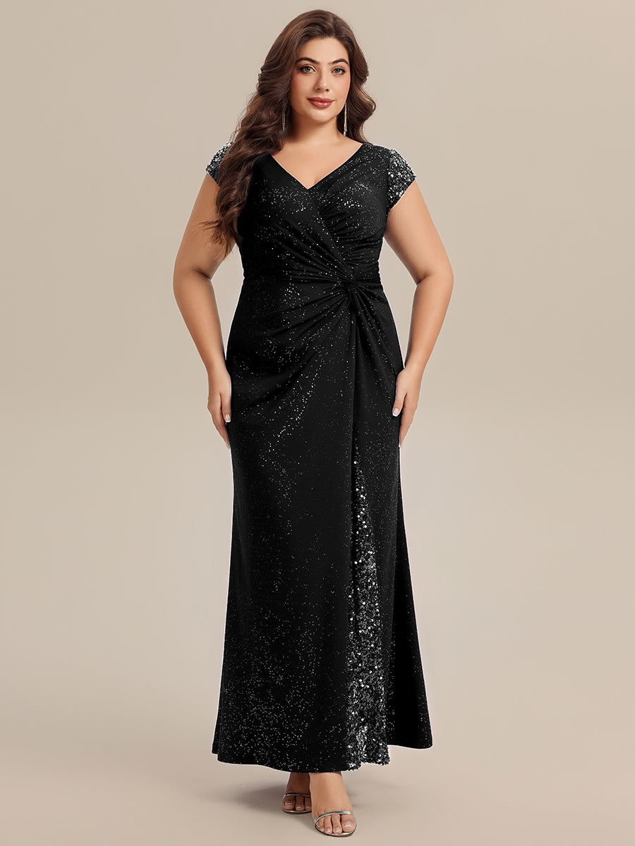 Robe moulante à manches courtes en stretch élevé avec décolleté en V noué et détails en sequins #Couleur_Noir