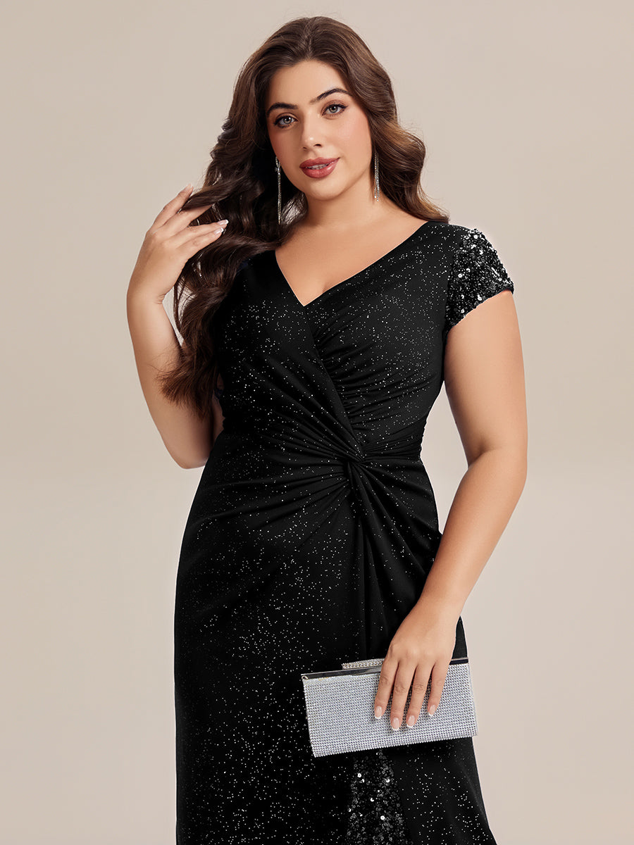 Robe moulante à manches courtes en stretch élevé avec décolleté en V noué et détails en sequins #Couleur_Noir