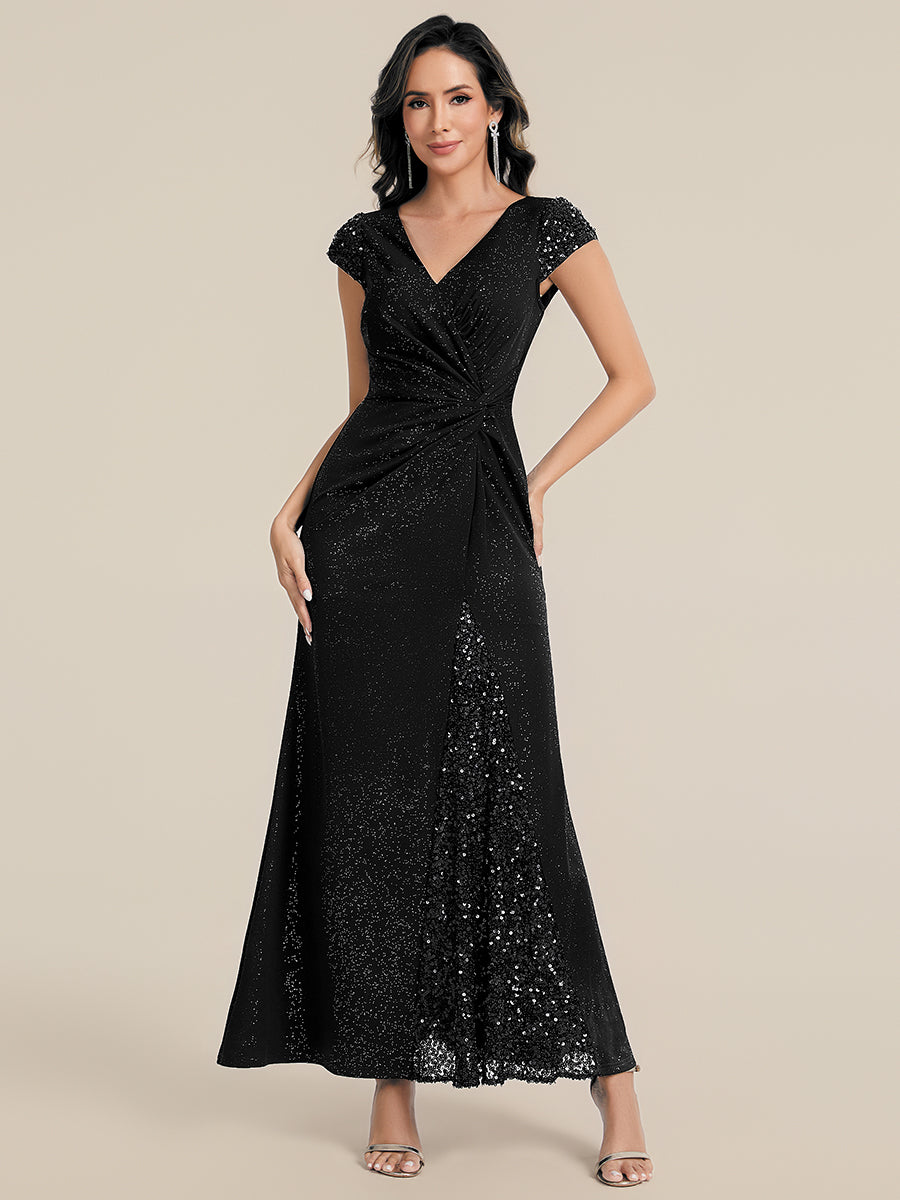 Robe moulante à manches courtes en stretch élevé avec décolleté en V noué et détails en sequins #Couleur_Noir