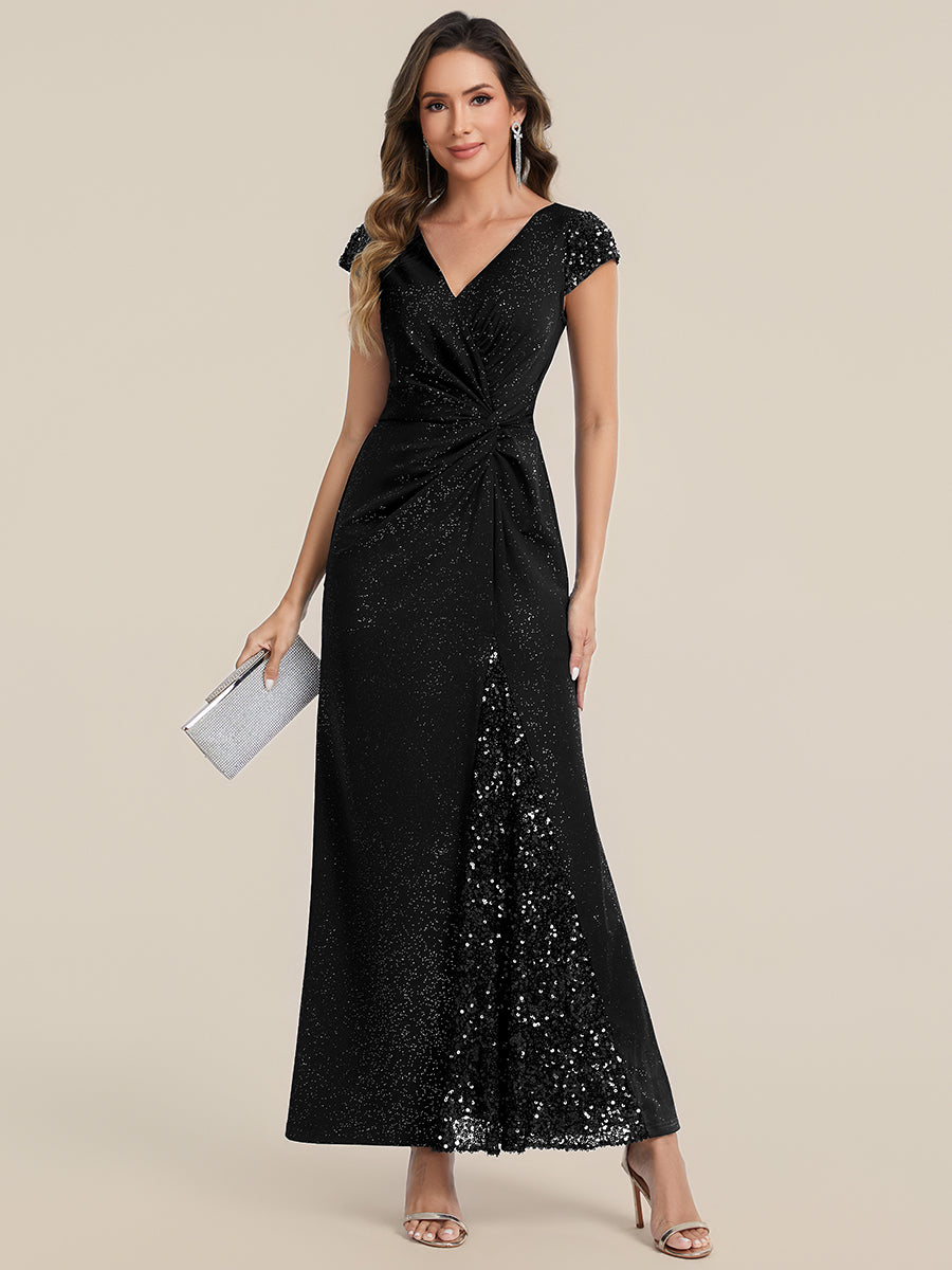Robe moulante à manches courtes en stretch élevé avec décolleté en V noué et détails en sequins #Couleur_Noir