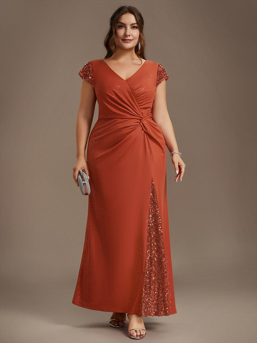 Robe moulante à manches courtes en stretch élevé avec décolleté en V noué et détails en sequins #Couleur_Burnt Orange