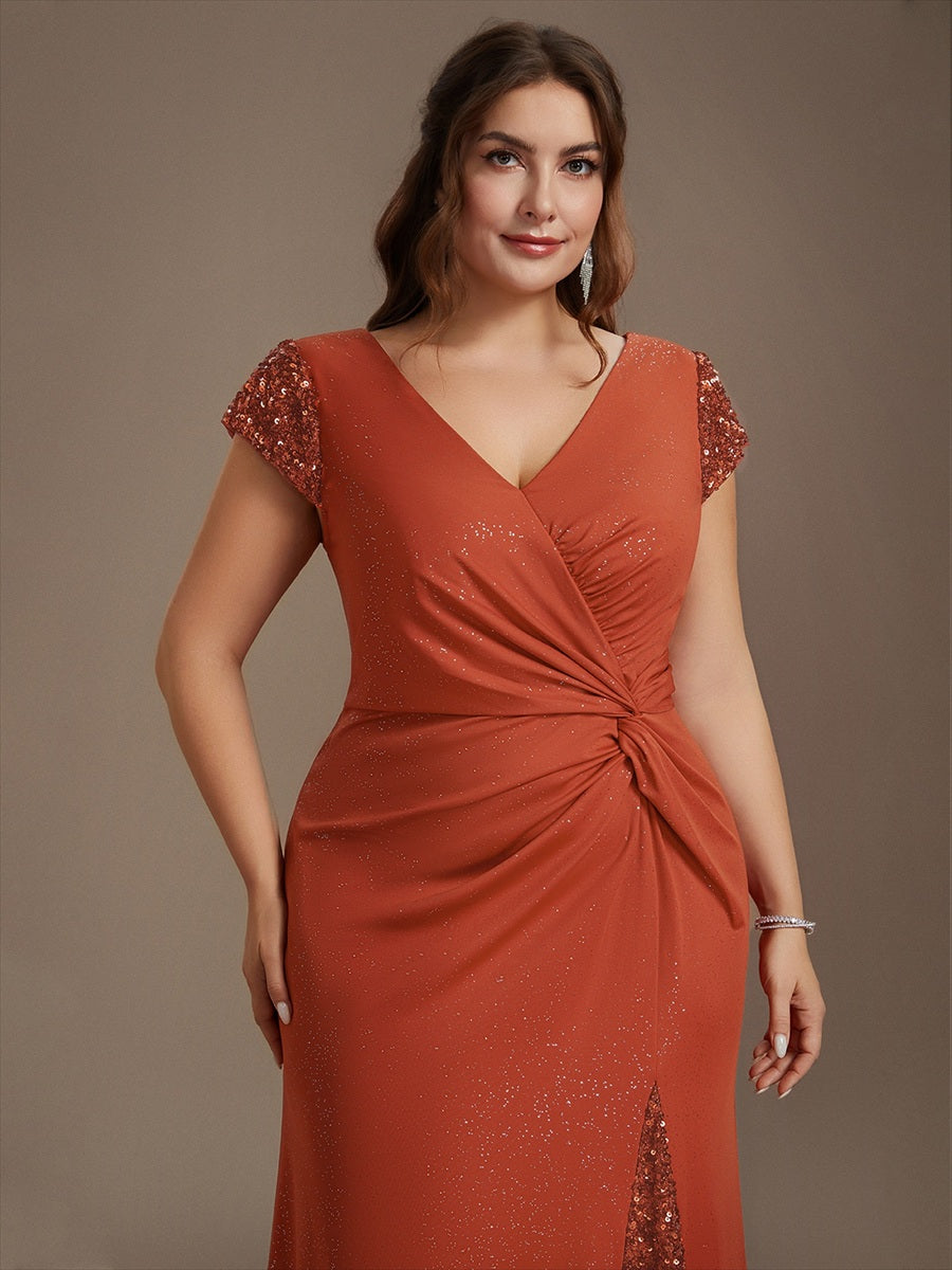 Robe moulante à manches courtes en stretch élevé avec décolleté en V noué et détails en sequins #Couleur_Burnt Orange