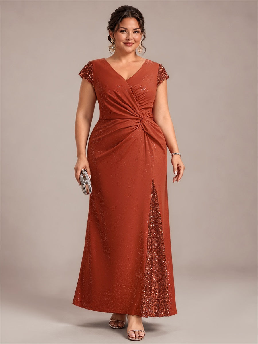 Robe moulante à manches courtes en stretch élevé avec décolleté en V noué et détails en sequins #Couleur_Burnt Orange