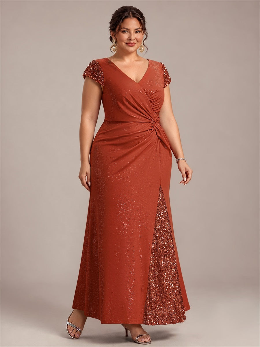 Robe moulante à manches courtes en stretch élevé avec décolleté en V noué et détails en sequins #Couleur_Burnt Orange