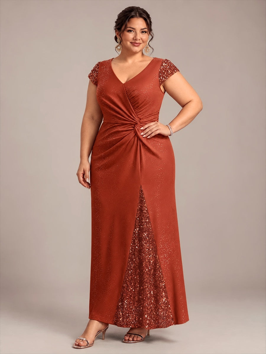 Robe moulante à manches courtes en stretch élevé avec décolleté en V noué et détails en sequins #Couleur_Burnt Orange