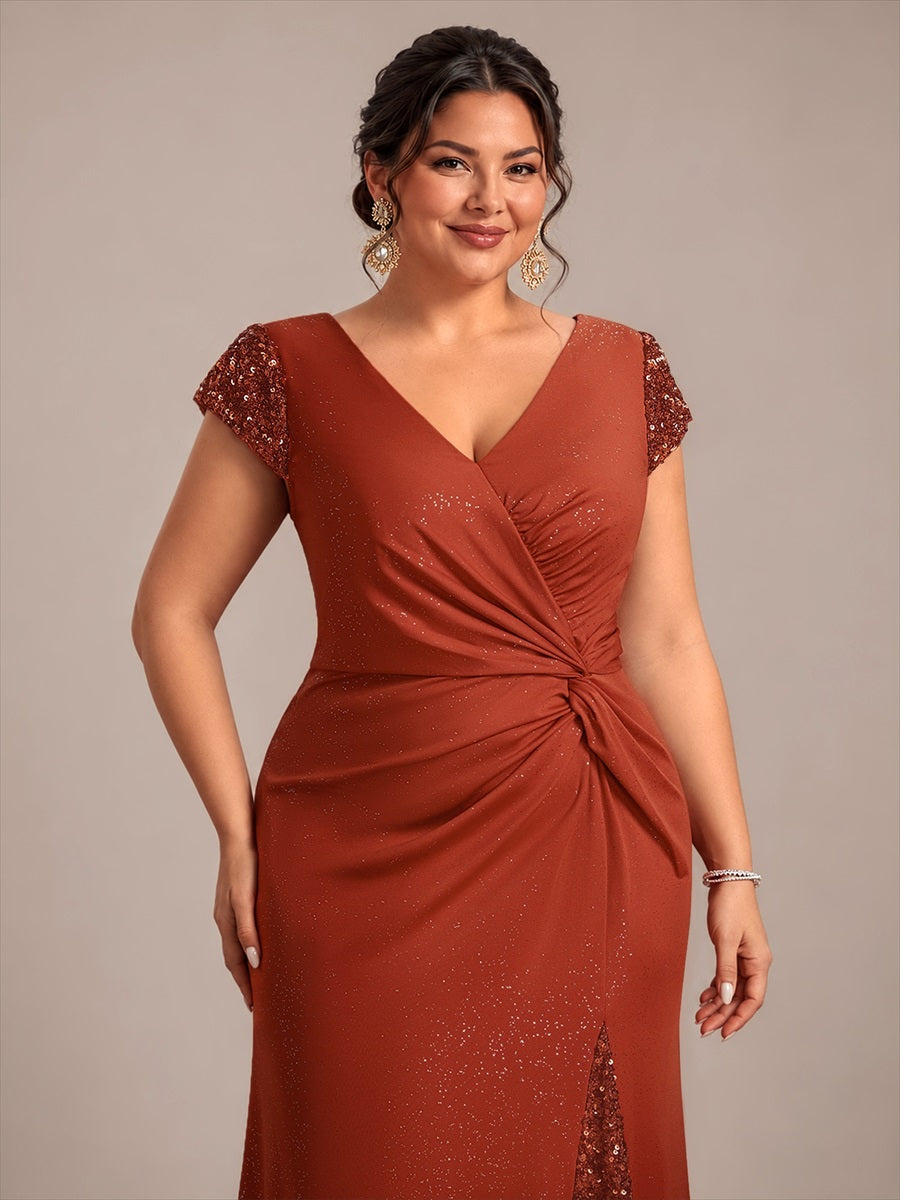 Robe moulante à manches courtes en stretch élevé avec décolleté en V noué et détails en sequins #Couleur_Burnt Orange
