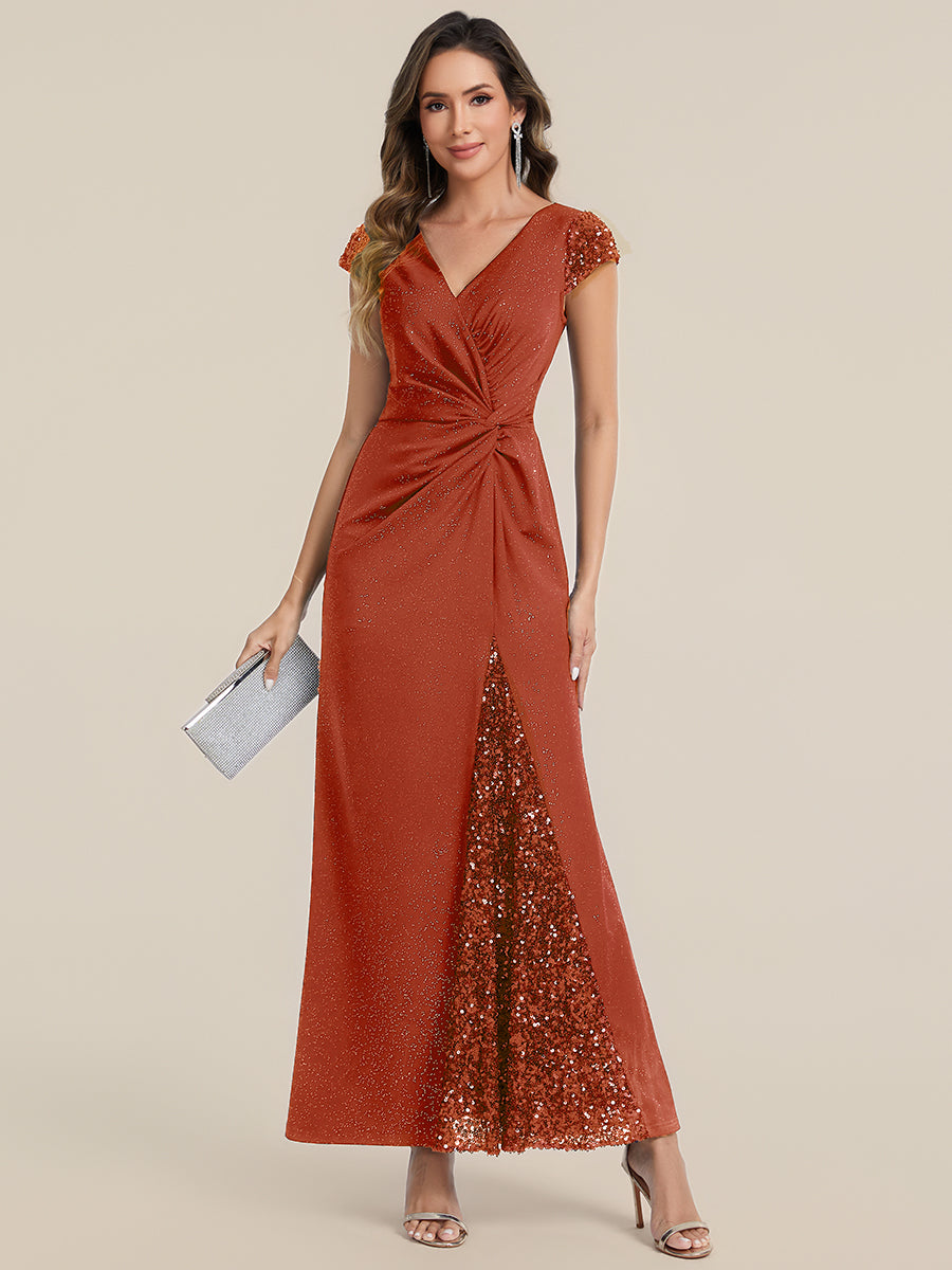 Robe moulante à manches courtes en stretch élevé avec décolleté en V noué et détails en sequins #Couleur_Burnt Orange