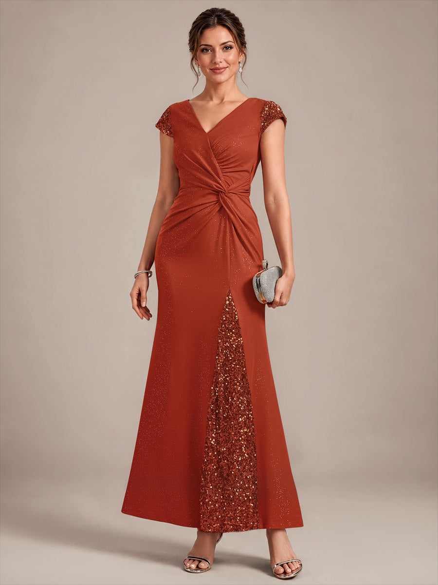 Robe moulante à manches courtes en stretch élevé avec décolleté en V noué et détails en sequins #Couleur_Burnt Orange