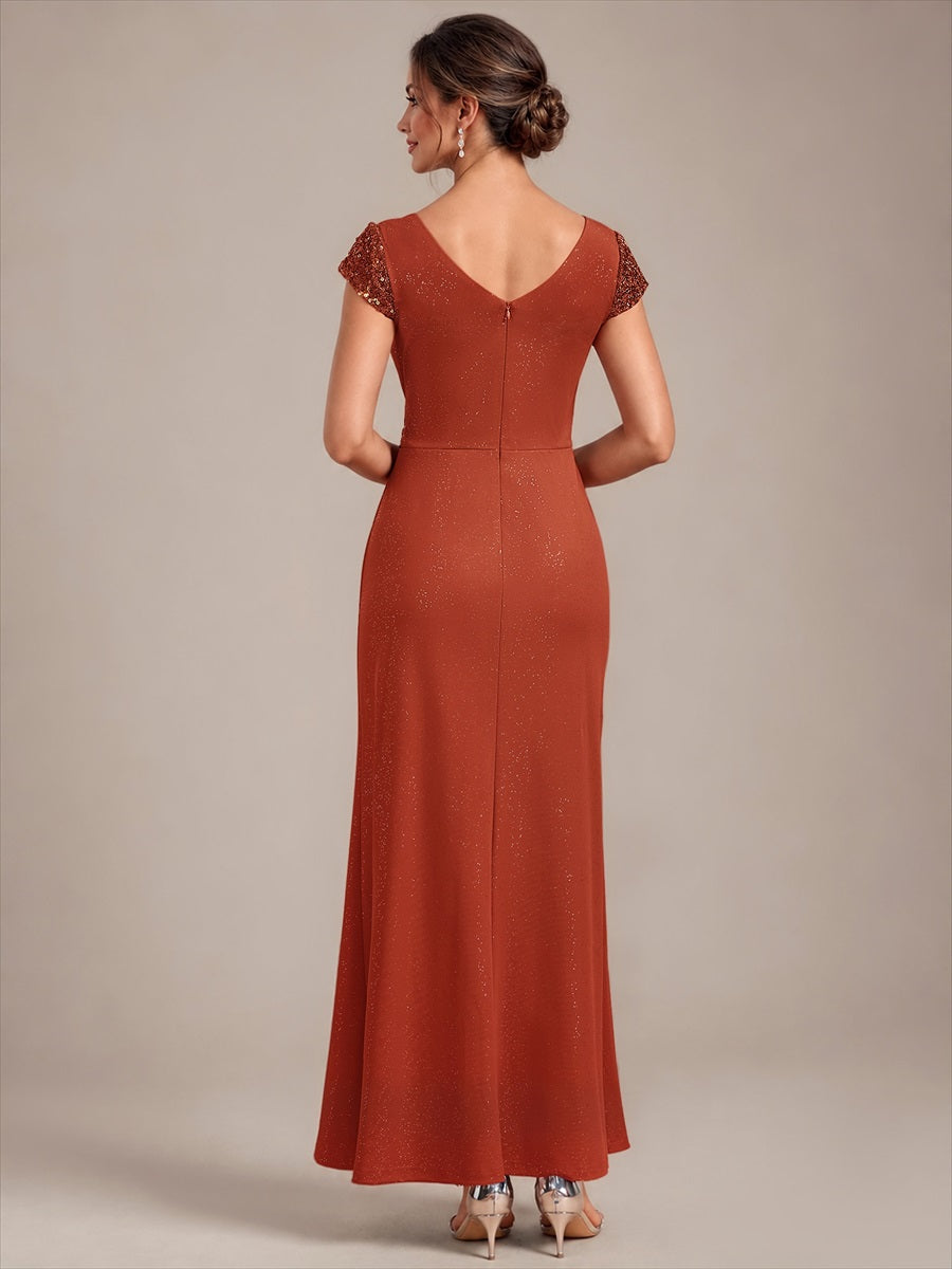 Robe moulante à manches courtes en stretch élevé avec décolleté en V noué et détails en sequins #Couleur_Burnt Orange