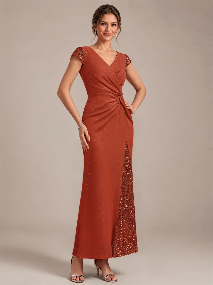 Robe moulante à manches courtes en stretch élevé avec décolleté en V noué et détails en sequins #Couleur_Burnt Orange
