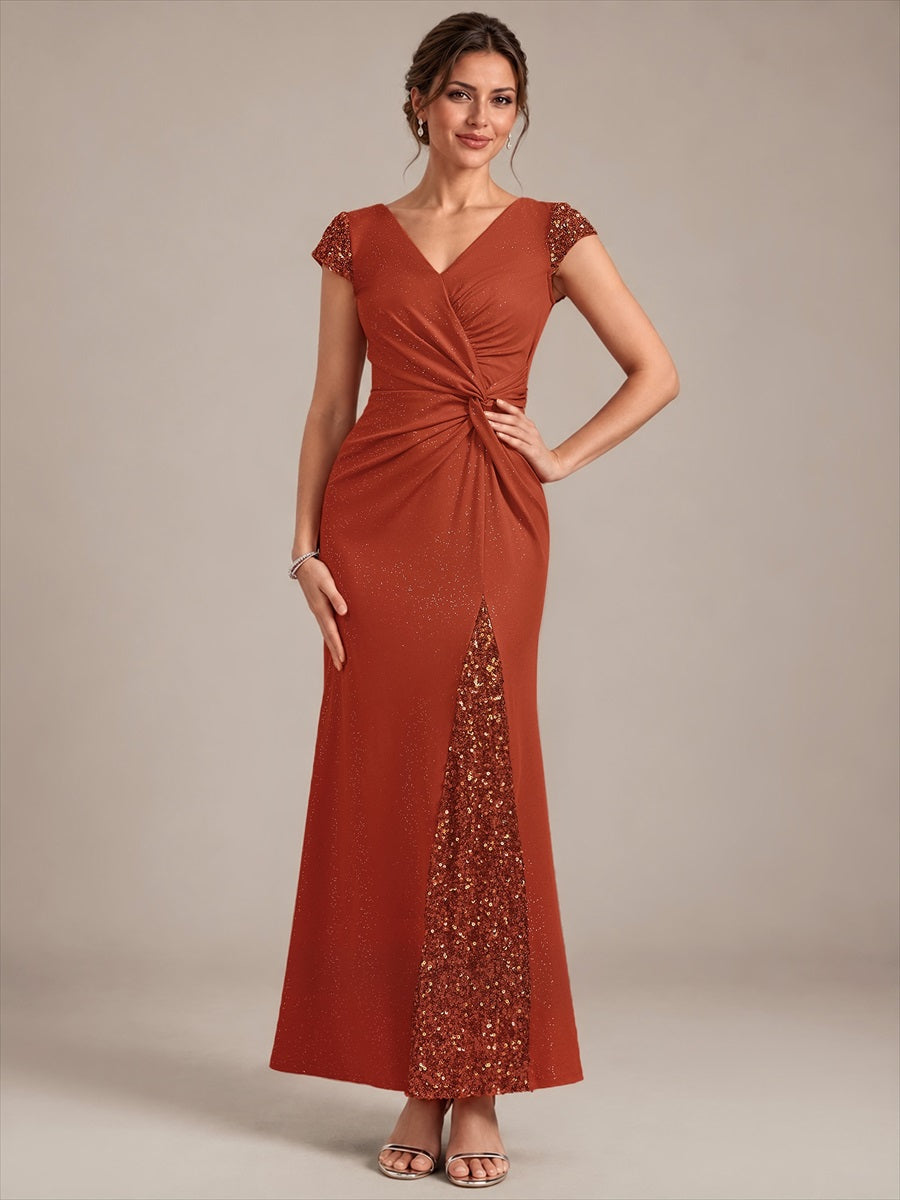 Robe moulante à manches courtes en stretch élevé avec décolleté en V noué et détails en sequins #Couleur_Burnt Orange