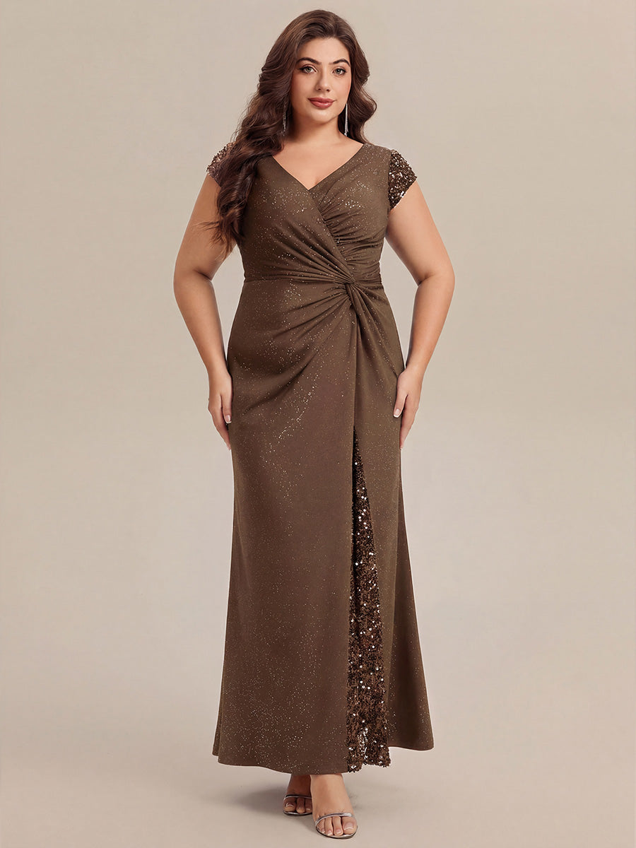 Robe moulante à manches courtes en stretch élevé avec décolleté en V noué et détails en sequins #Couleur_Café