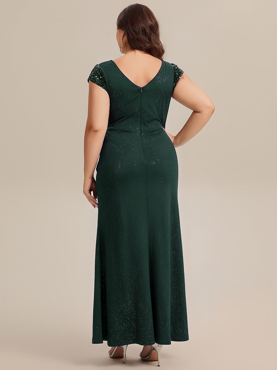 Robe moulante à manches courtes en stretch élevé avec décolleté en V noué et détails en sequins #Couleur_Vert Fonce