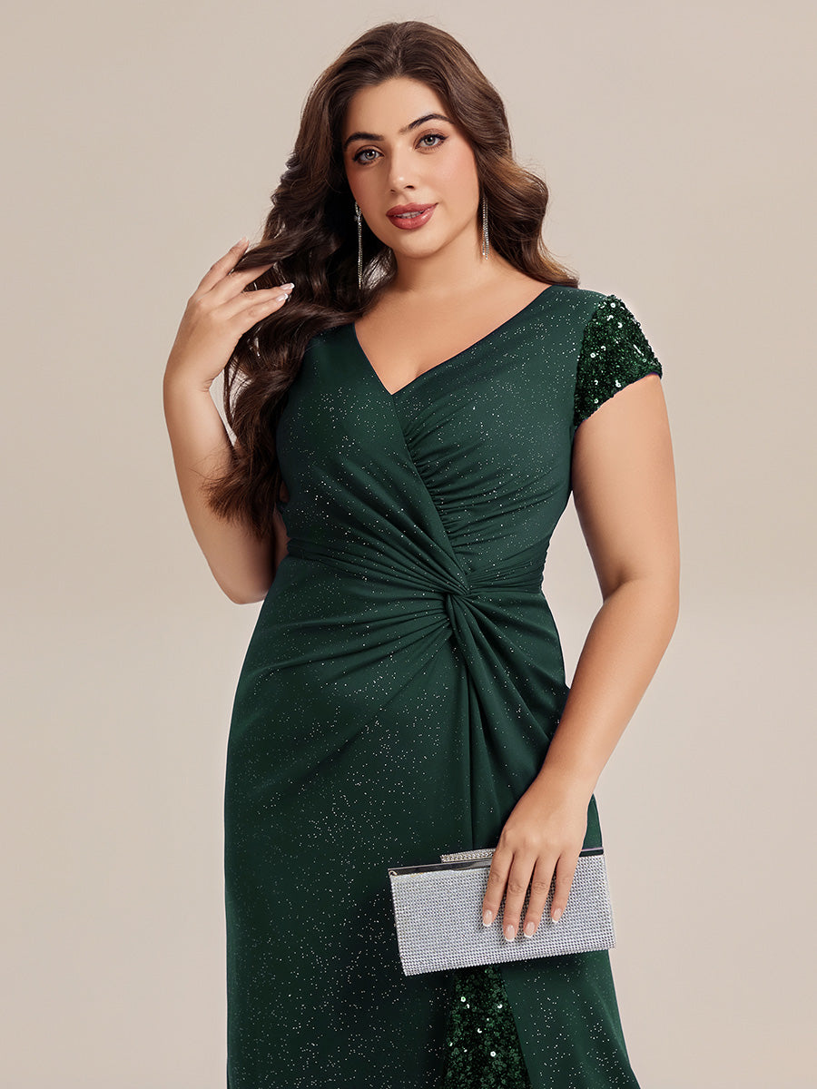Robe moulante à manches courtes en stretch élevé avec décolleté en V noué et détails en sequins #Couleur_Vert Fonce