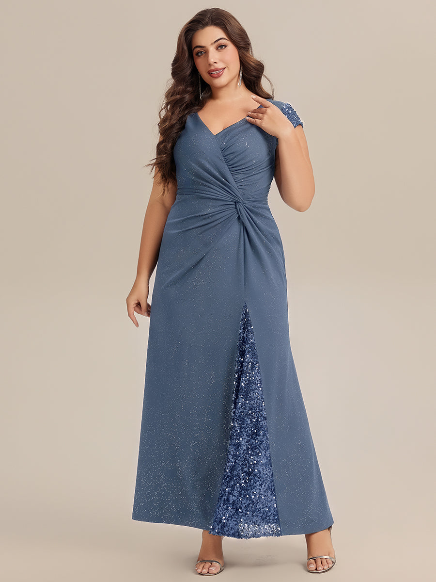 Robe moulante à manches courtes en stretch élevé avec décolleté en V noué et détails en sequins #Couleur_Marine Fume