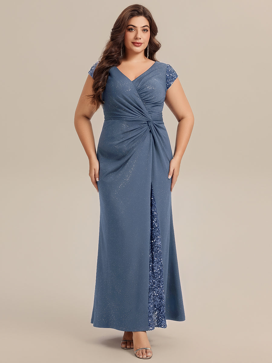 Robe moulante à manches courtes en stretch élevé avec décolleté en V noué et détails en sequins #Couleur_Marine Fume