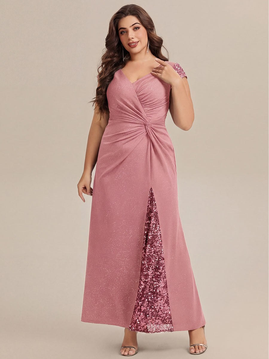 Robe moulante à manches courtes en stretch élevé avec décolleté en V noué et détails en sequins #Couleur_Rose fumee
