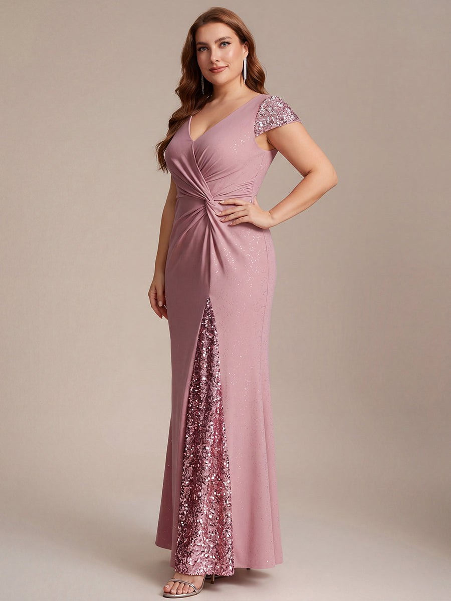 Robe moulante à manches courtes en stretch élevé avec décolleté en V noué et détails en sequins #Couleur_Rose fumee