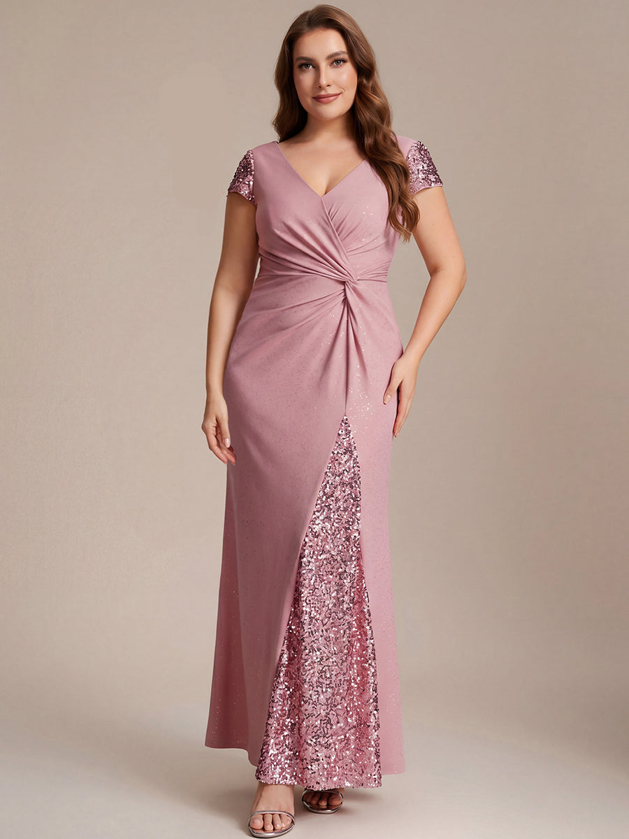 Robe moulante à manches courtes en stretch élevé avec décolleté en V noué et détails en sequins #Couleur_Rose fumee