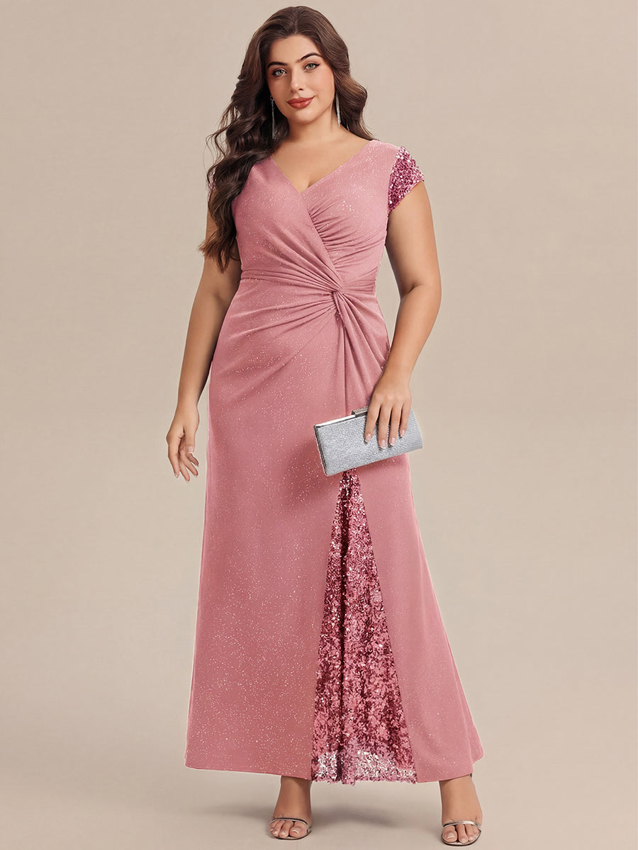 Robe moulante à manches courtes en stretch élevé avec décolleté en V noué et détails en sequins #Couleur_Rose fumee