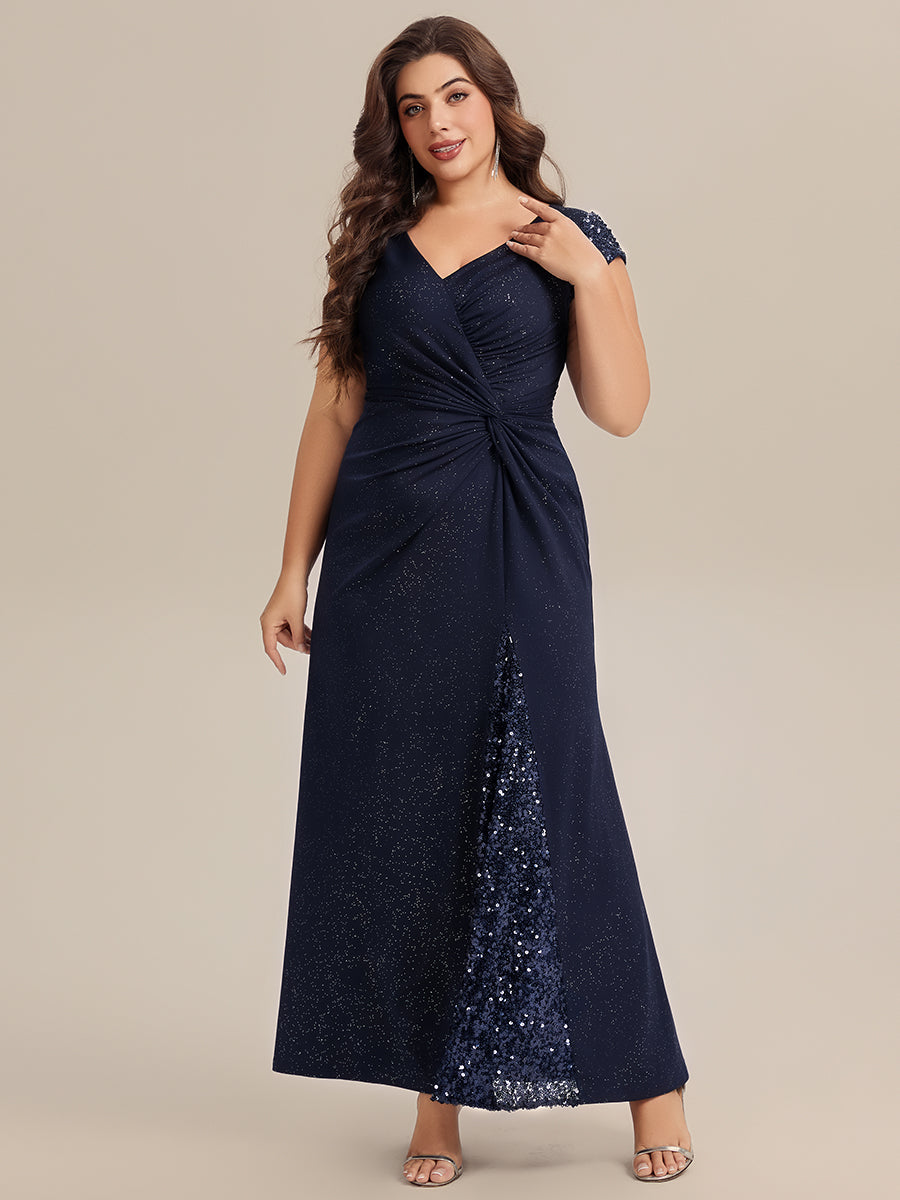 Robe moulante à manches courtes en stretch élevé avec décolleté en V noué et détails en sequins #Couleur_Bleu Marine