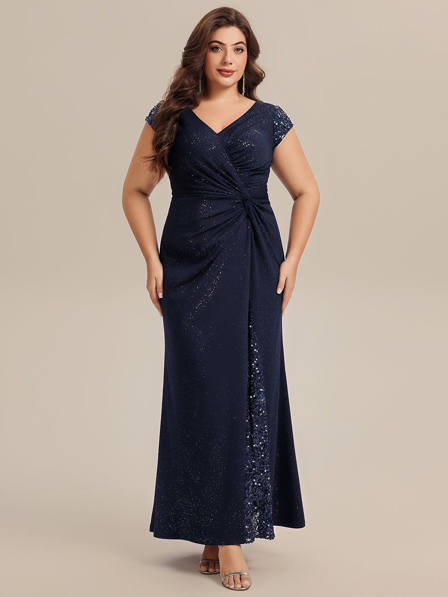 Robe moulante à manches courtes en stretch élevé avec décolleté en V noué et détails en sequins #Couleur_Bleu Marine