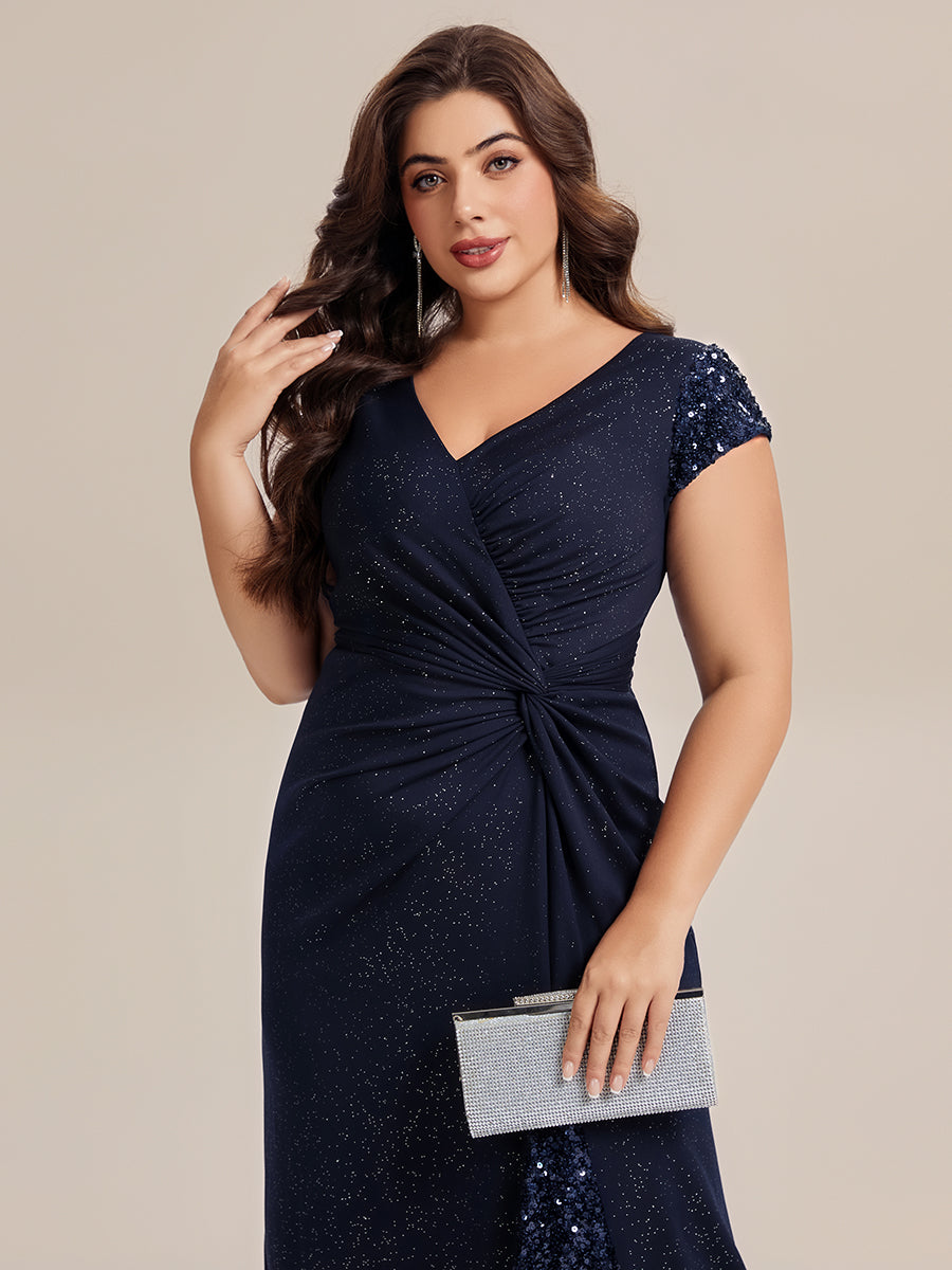 Robe moulante à manches courtes en stretch élevé avec décolleté en V noué et détails en sequins #Couleur_Bleu Marine