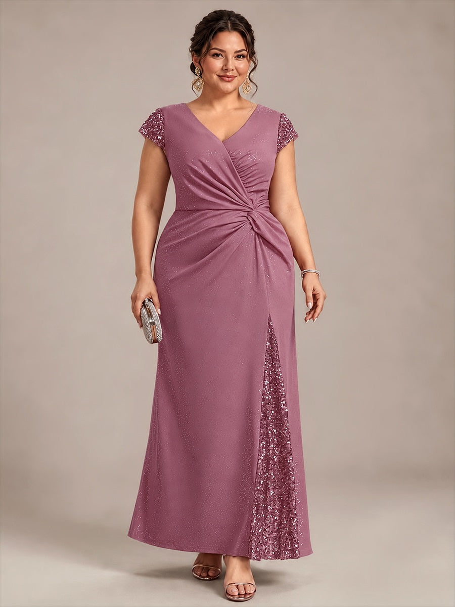 Robe moulante à manches courtes en stretch élevé avec décolleté en V noué et détails en sequins #Couleur_Orchidee
