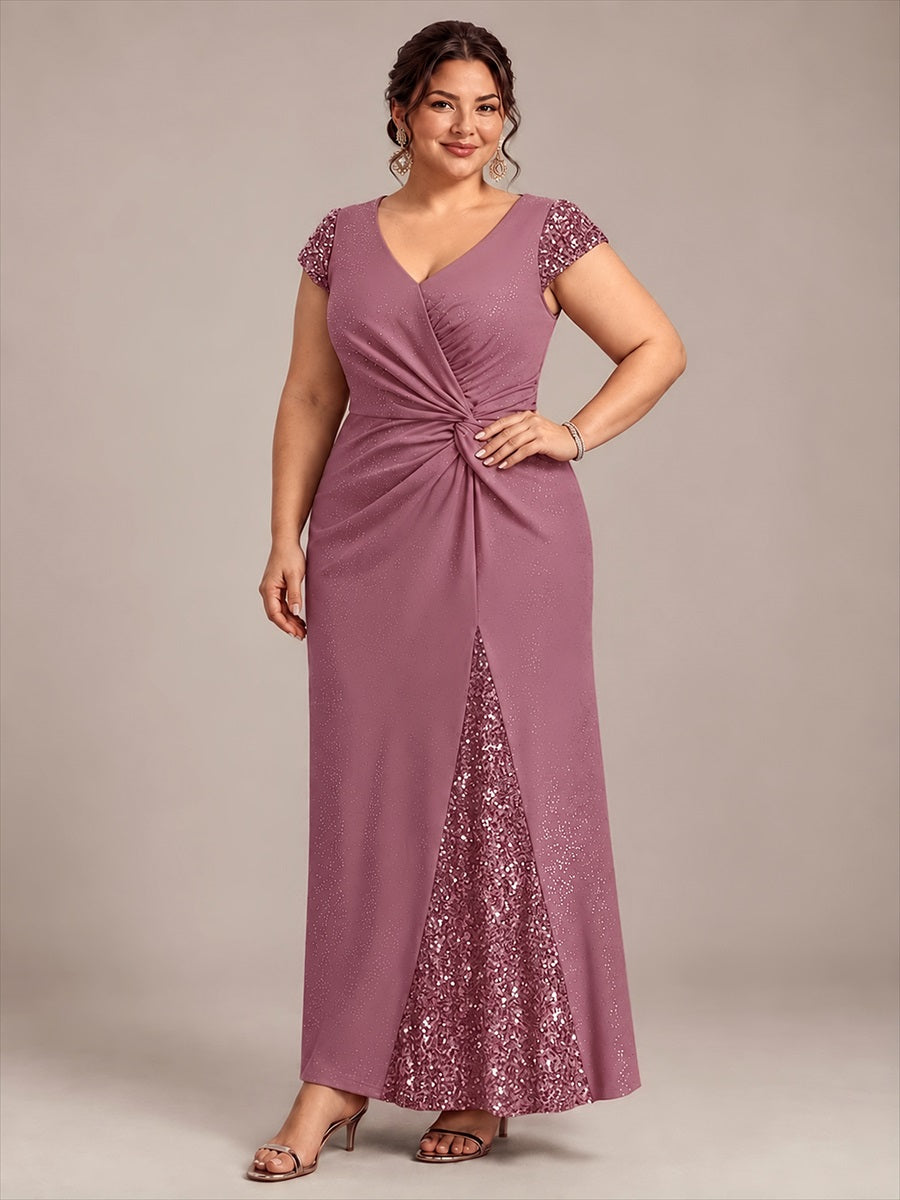 Robe moulante à manches courtes en stretch élevé avec décolleté en V noué et détails en sequins #Couleur_Orchidee