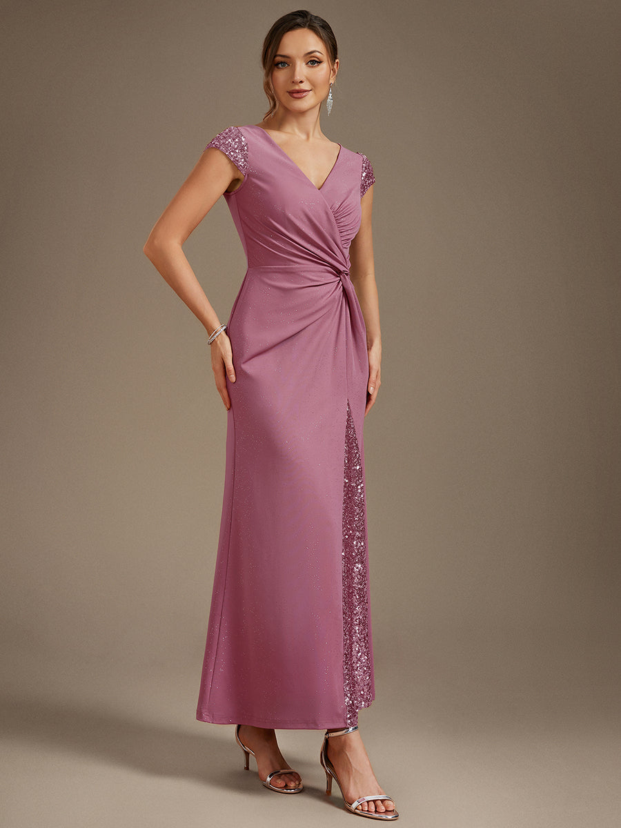 Robe moulante à manches courtes en stretch élevé avec décolleté en V noué et détails en sequins #Couleur_Orchidee