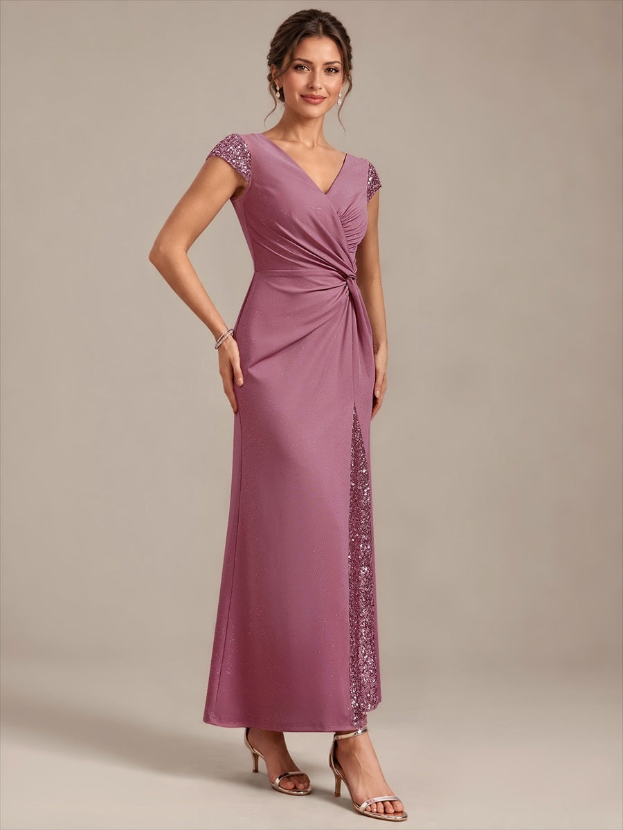Robe moulante à manches courtes en stretch élevé avec décolleté en V noué et détails en sequins #Couleur_Orchidee
