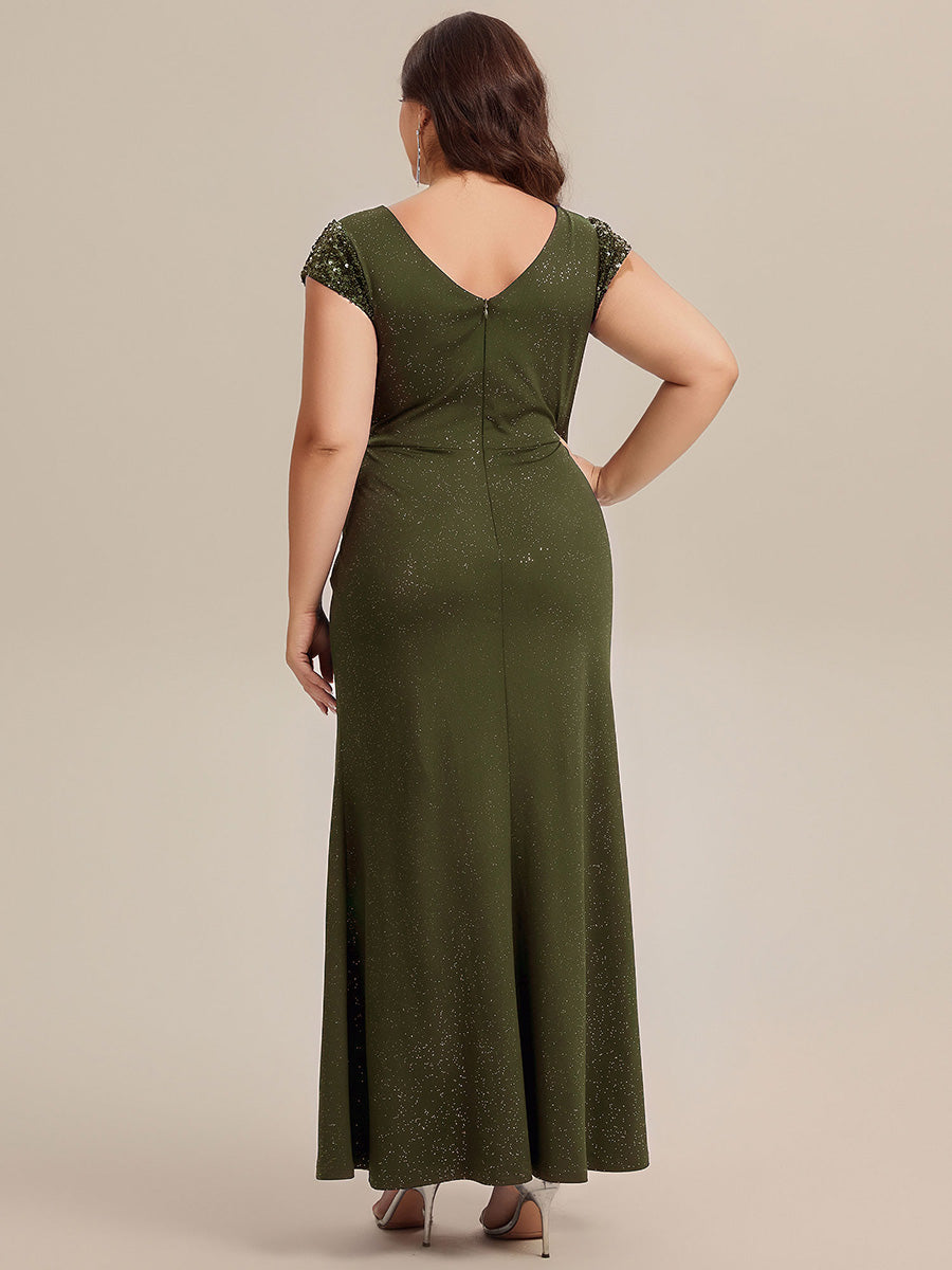 Robe moulante à manches courtes en stretch élevé avec décolleté en V noué et détails en sequins #Couleur_Vert Olive