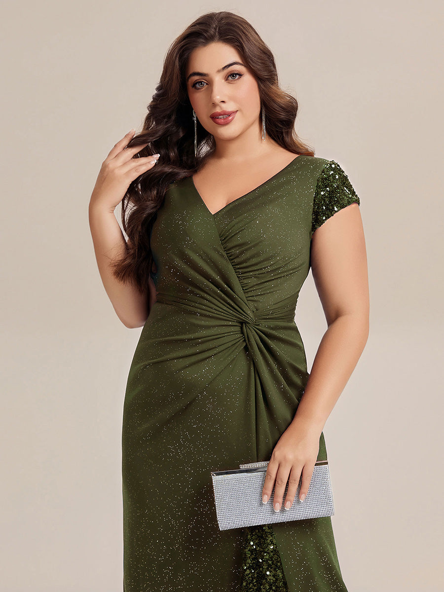 Robe moulante à manches courtes en stretch élevé avec décolleté en V noué et détails en sequins #Couleur_Vert Olive