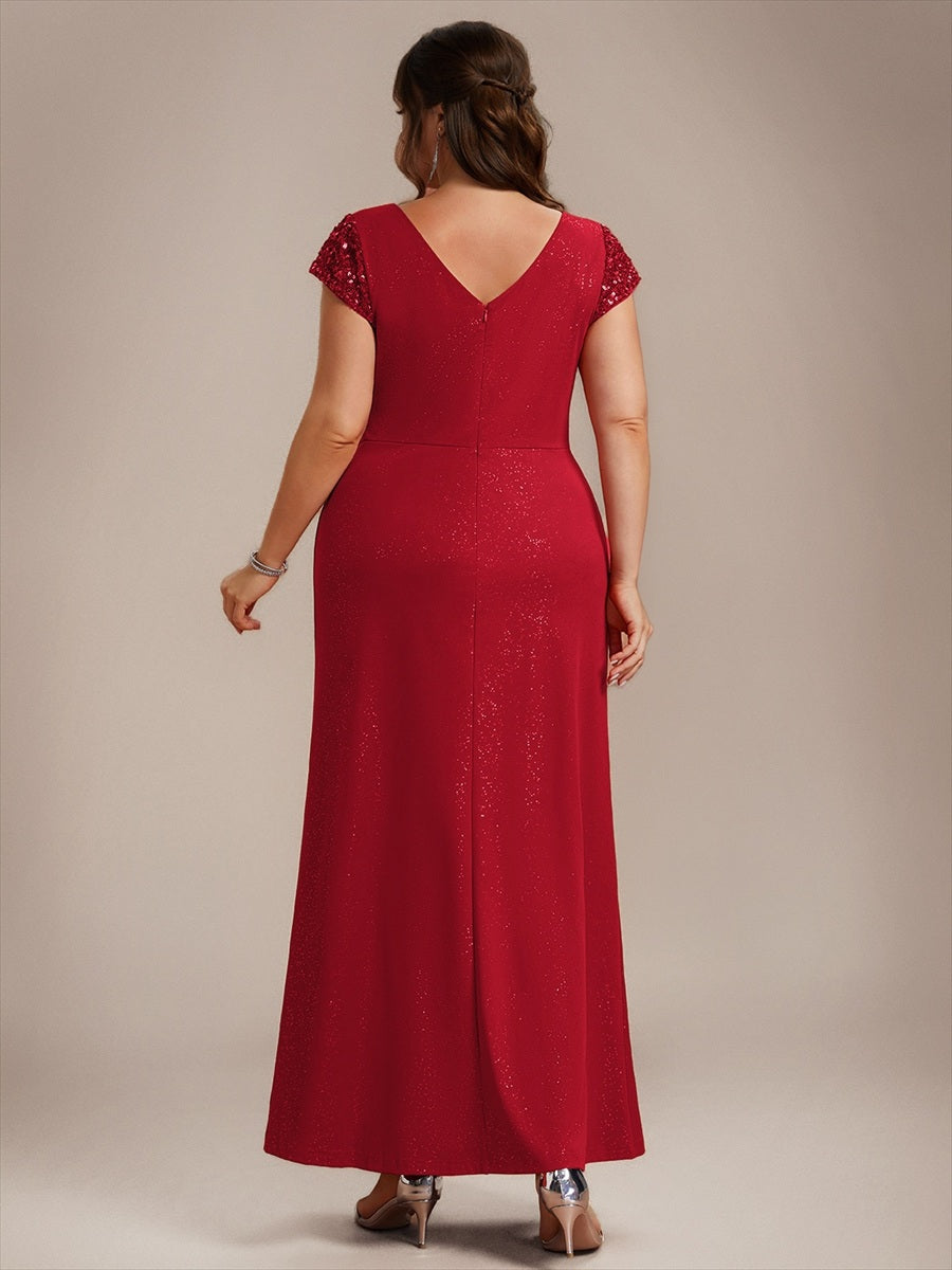 Robe moulante à manches courtes en stretch élevé avec décolleté en V noué et détails en sequins #Couleur_Rouge