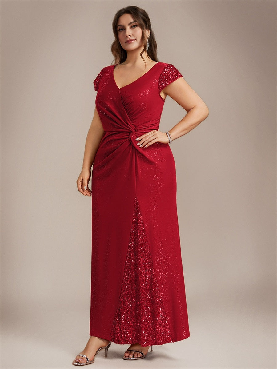 Robe moulante à manches courtes en stretch élevé avec décolleté en V noué et détails en sequins #Couleur_Rouge