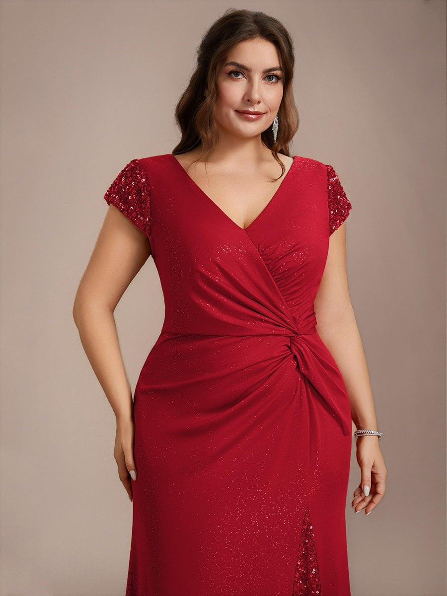 Robe moulante à manches courtes en stretch élevé avec décolleté en V noué et détails en sequins #Couleur_Rouge