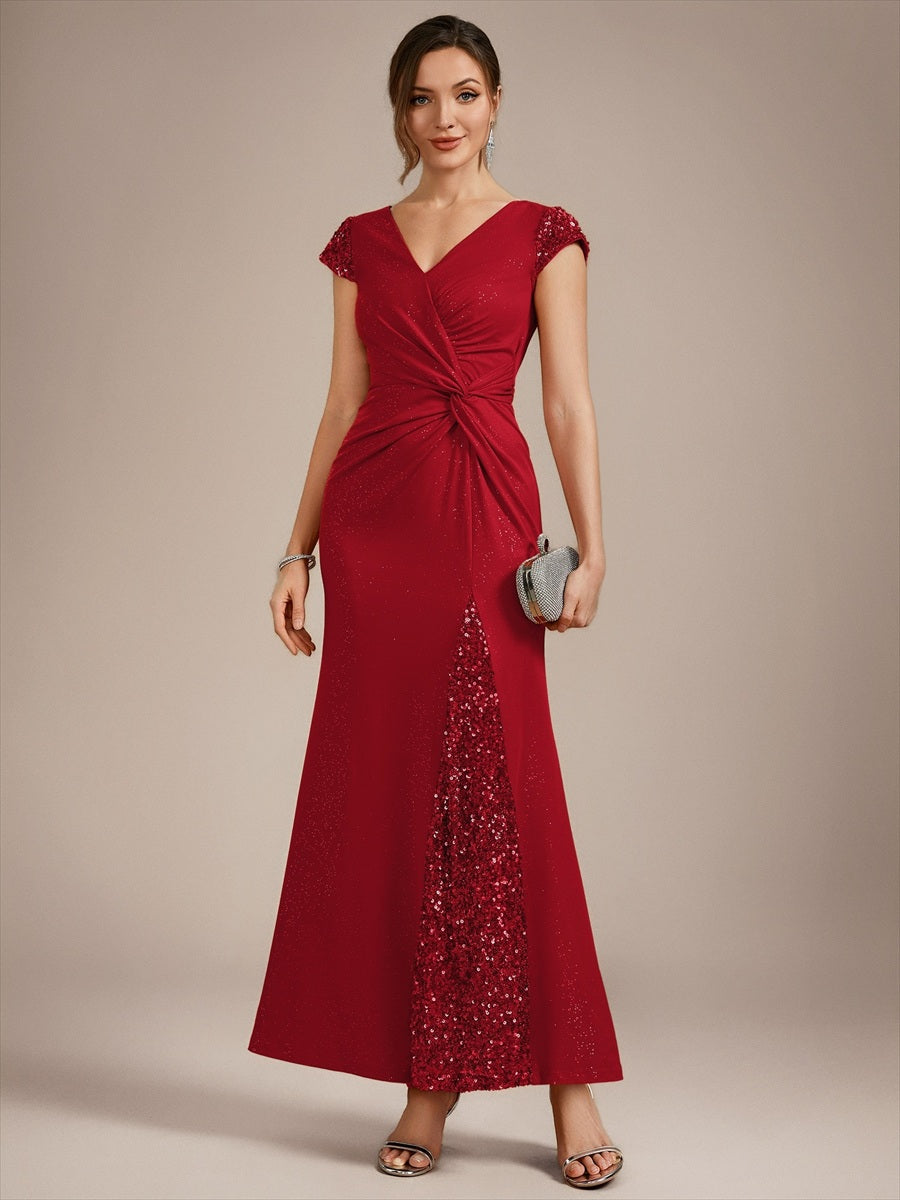 Robe moulante à manches courtes en stretch élevé avec décolleté en V noué et détails en sequins #Couleur_Rouge