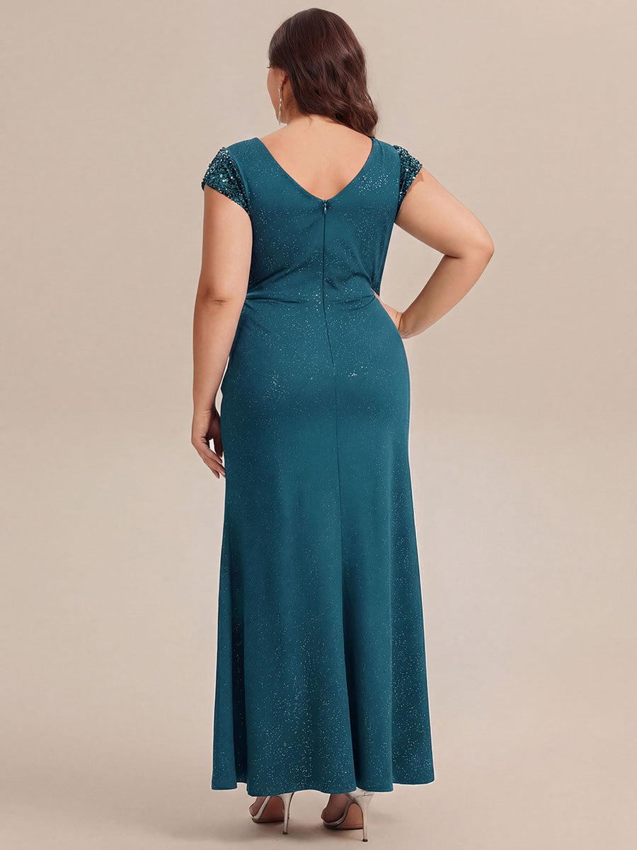 Robe moulante à manches courtes en stretch élevé avec décolleté en V noué et détails en sequins #Couleur_Bleu Sarcelle