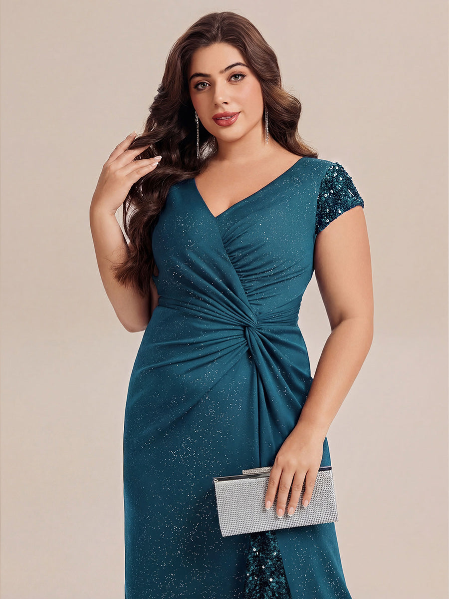 Robe moulante à manches courtes en stretch élevé avec décolleté en V noué et détails en sequins #Couleur_Bleu Sarcelle