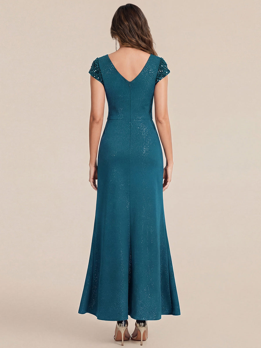 Robe moulante à manches courtes en stretch élevé avec décolleté en V noué et détails en sequins #Couleur_Bleu Sarcelle