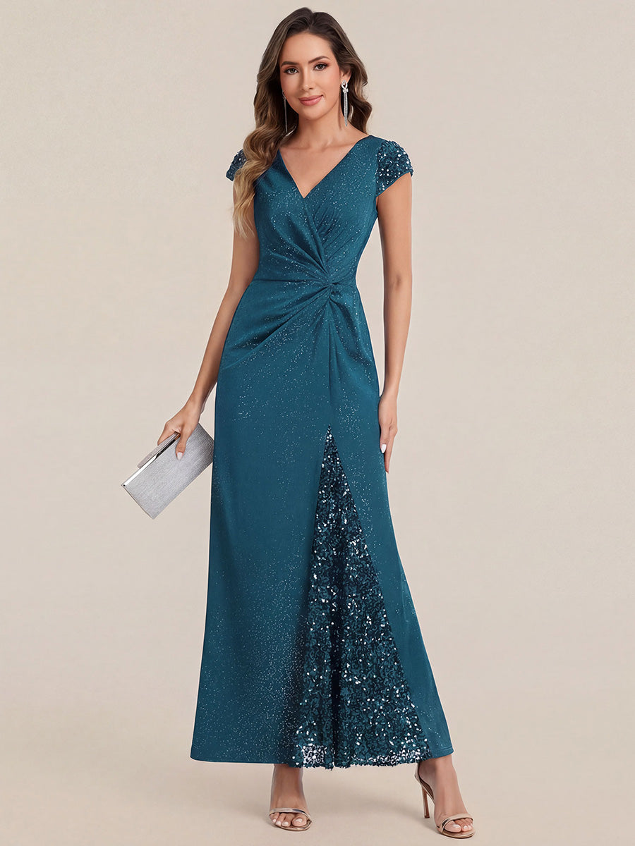 Robe moulante à manches courtes en stretch élevé avec décolleté en V noué et détails en sequins #Couleur_Bleu Sarcelle
